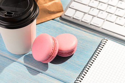 Remote work space stock photo containing desk and keyboard, a Food & Drink Photo by sergeypeterman