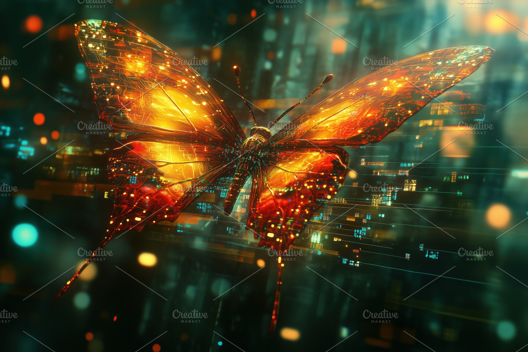 A digitally rendered butterfly with glowing orange and yellow wings, set agains, an Animal Photo by Textures & Backgrounds