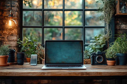 Cozy workspace with laptop and camer, a Photo by Tanuart