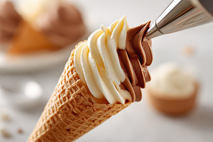Vanilla and chocolate soft-serve in a waffle cone, a Food & Drink Photo by AlyaAnd