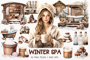 Winter Spa Watercolor Clipart Bundle