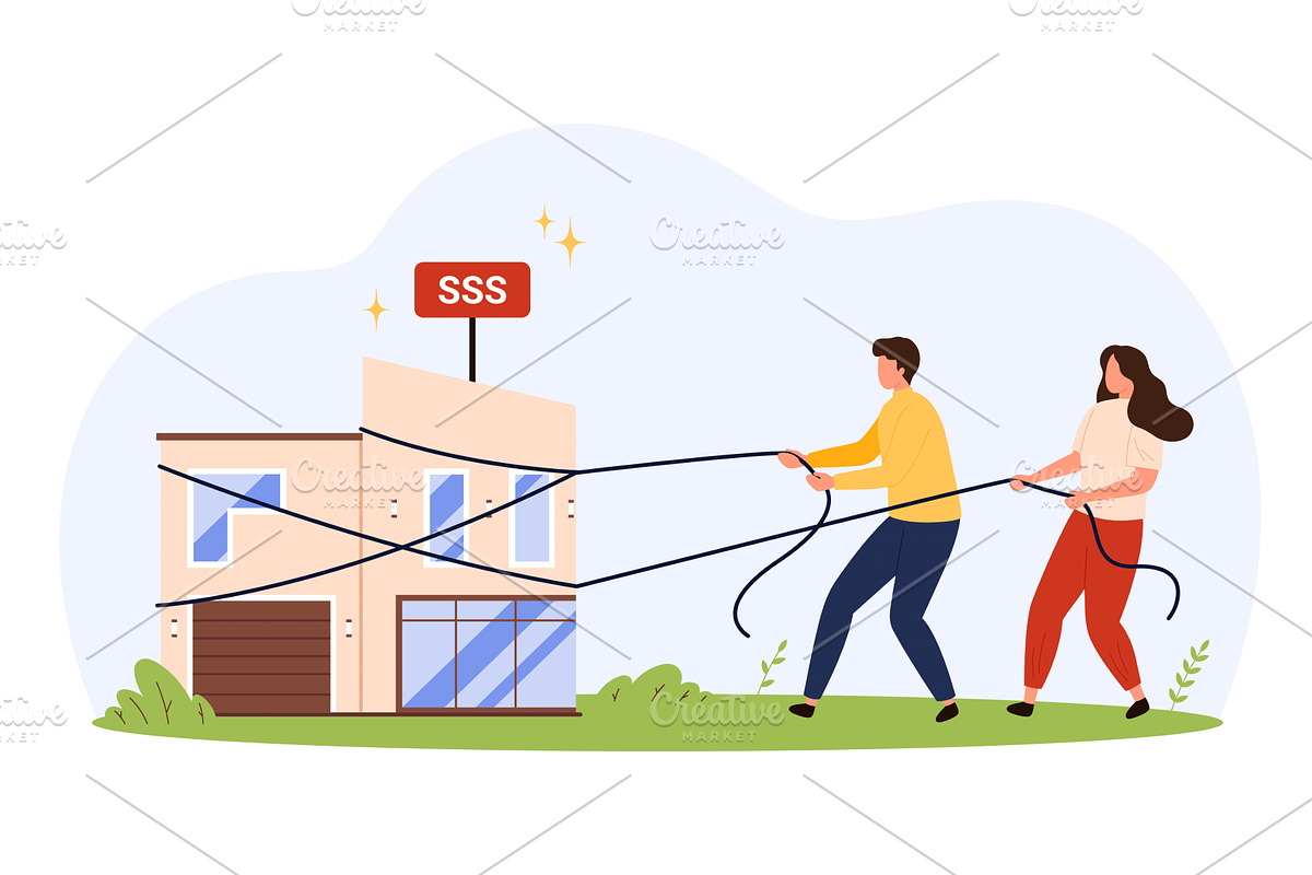 Couple pulling house price concept, an Object Illustration by Flashvector