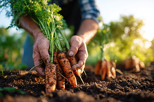 Harvesting organic carrots from soil at sunset in a rural farm setting, a Food & Drink Photo by AlyaAnd