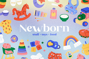 Newborn Stuff. Baby Toys, Food Icons