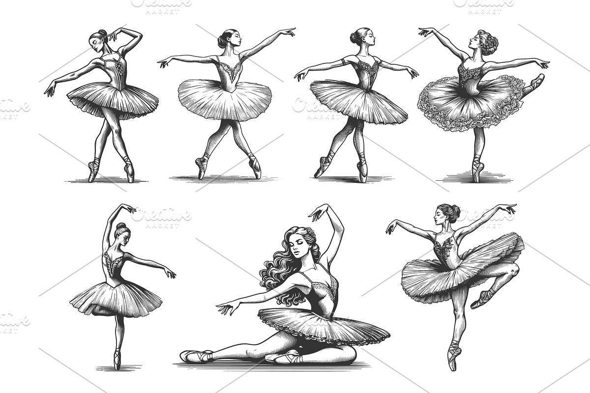 Ballet Dancer engraving set vector, a Person Illustration by AlexArt