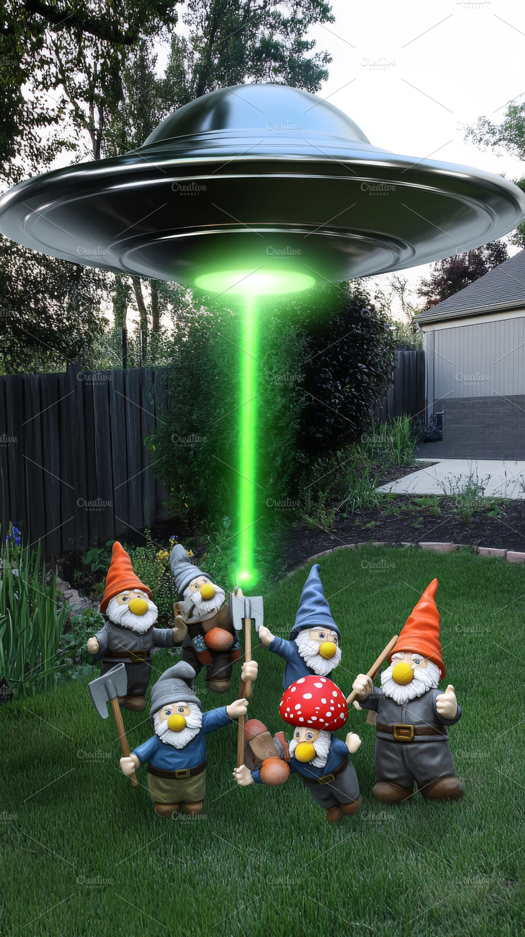 Garden gnomes encountering UFO with, a Photo by Dvoevnore photos