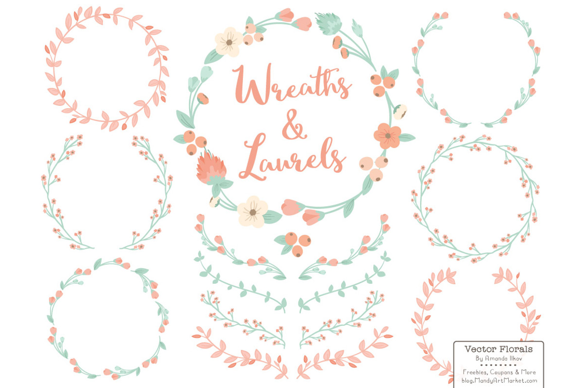 Mint & Peach Vector Flower Wreaths, an Illustration by Amanda Ilkov (Photo 1 of 3)