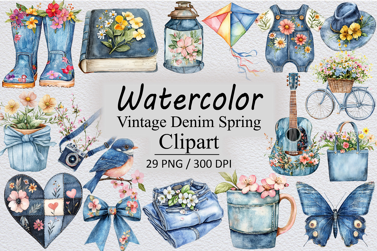 Vintage Denim Spring Clipart, an Illustration by Design Market (Photo 1 of 3)