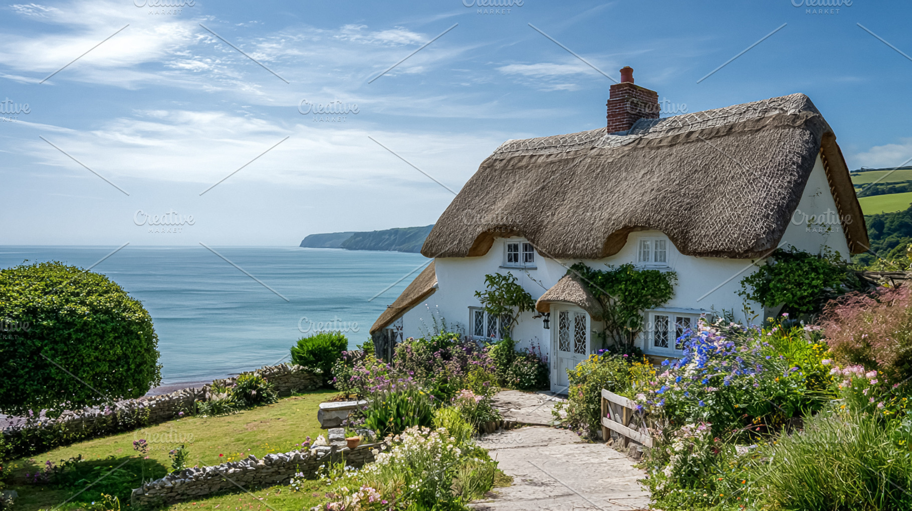 Thatched cottage with a flower garden on a sunny summer day, ove, a Photo by Studio ANNA