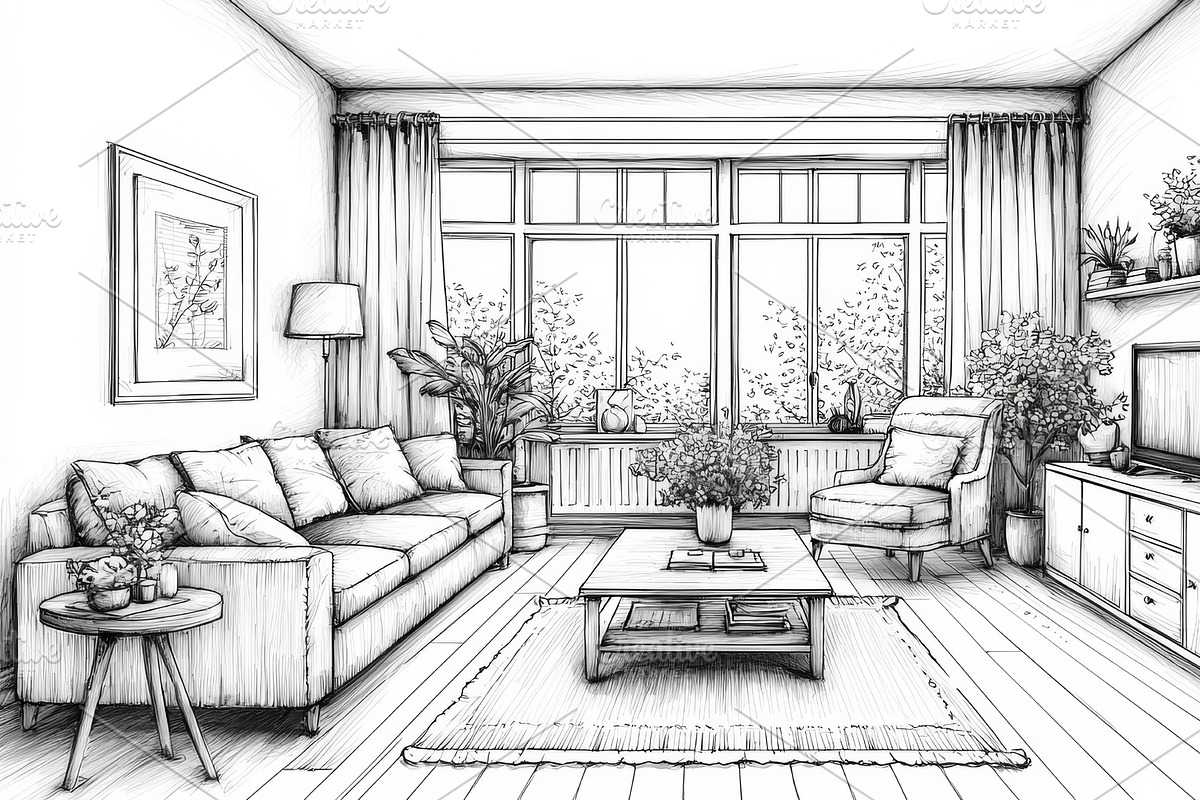 Elegantly sketched European living room with modern stylish furniture and decor, an Illustration by AS photostudio