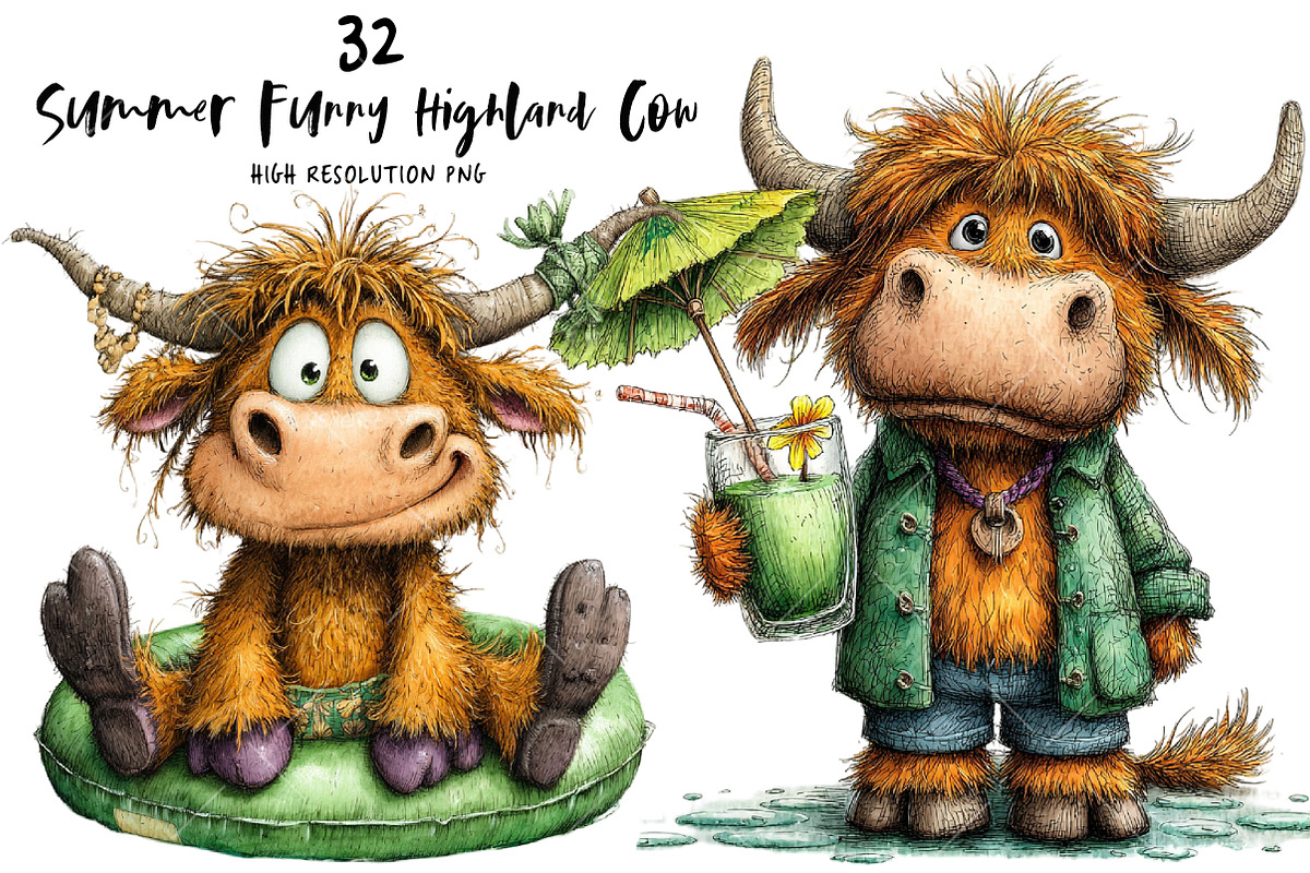 Summer Funny Highland Cow Clipart, an Illustration by OK Design (Photo 1 of 6)