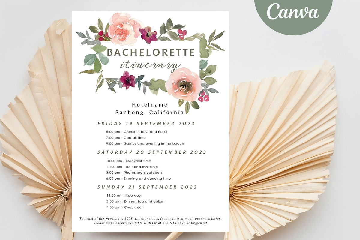 Floral Bachelorette party itinerary, an Invitation Template by EvaTemplates (Photo 1 of 8)