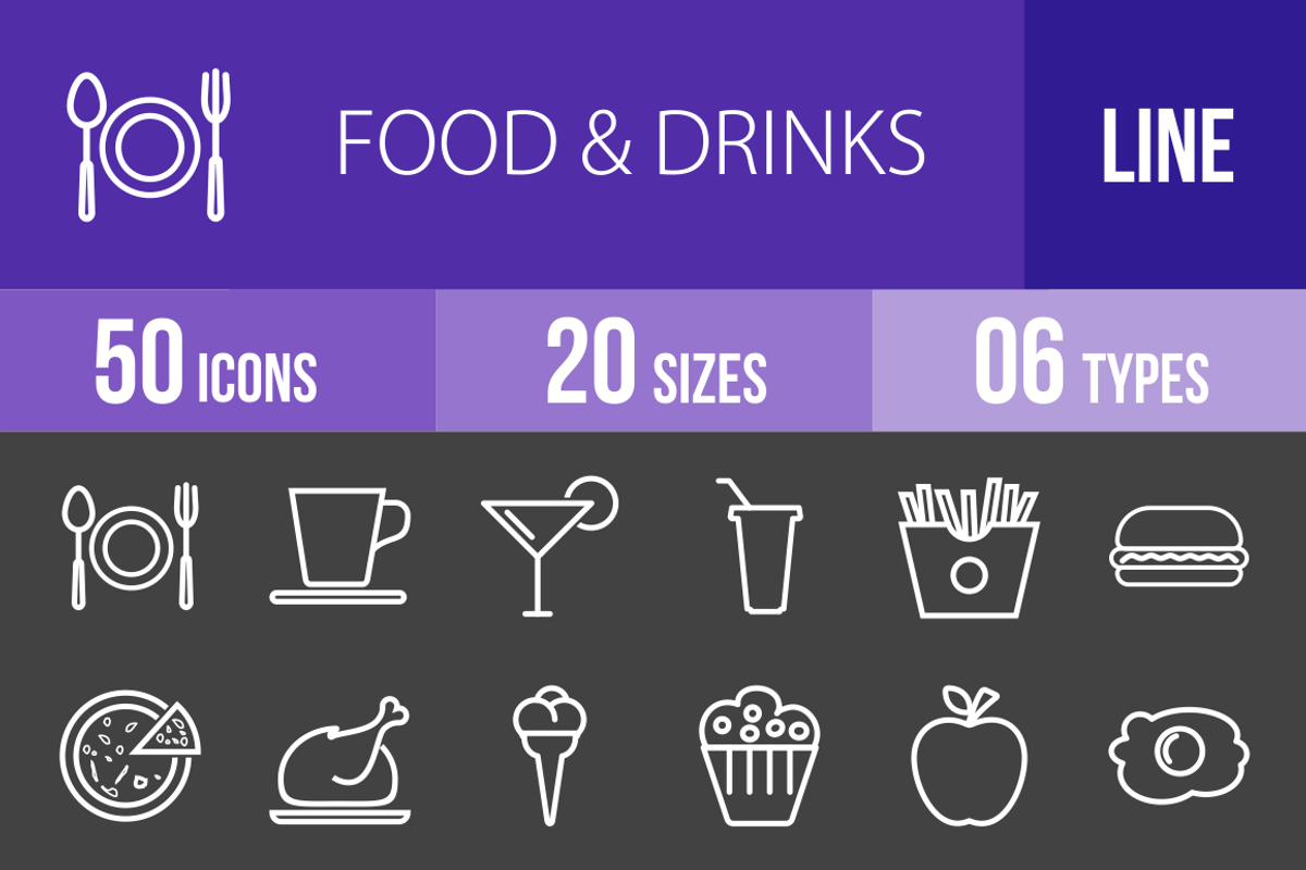 50 Food & Drinks Line Inverted Icons, an Outline Icon by IconBunny