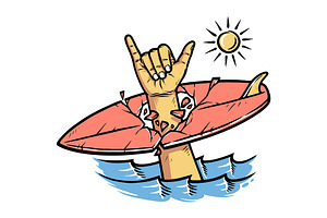 shaka hand and surfboard in the sea, a Sport Illustration by gunaonedesign