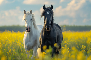Two majestic horses, one white and one black, standing in a vibrant yellow flow, an Animal Photo by ImageMir