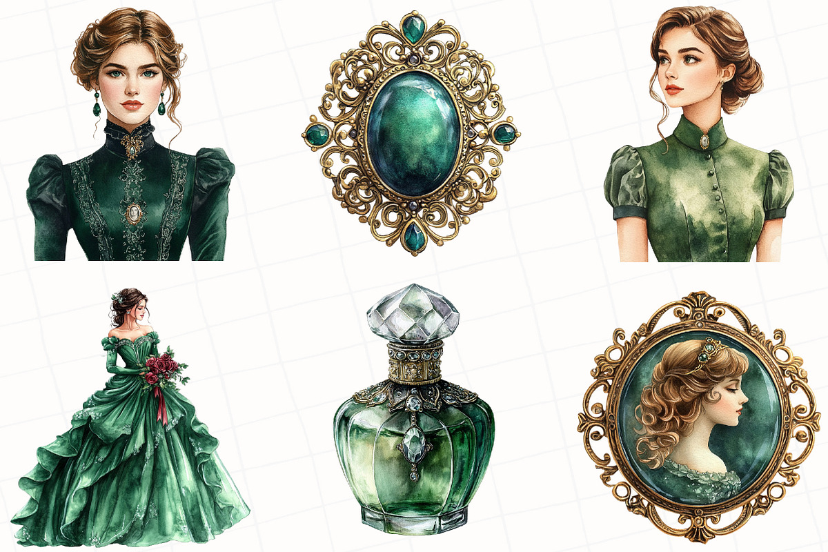 Watercolor Emerald Victorian Clipart, an Illustration by OK Design (Photo 5 of 5)