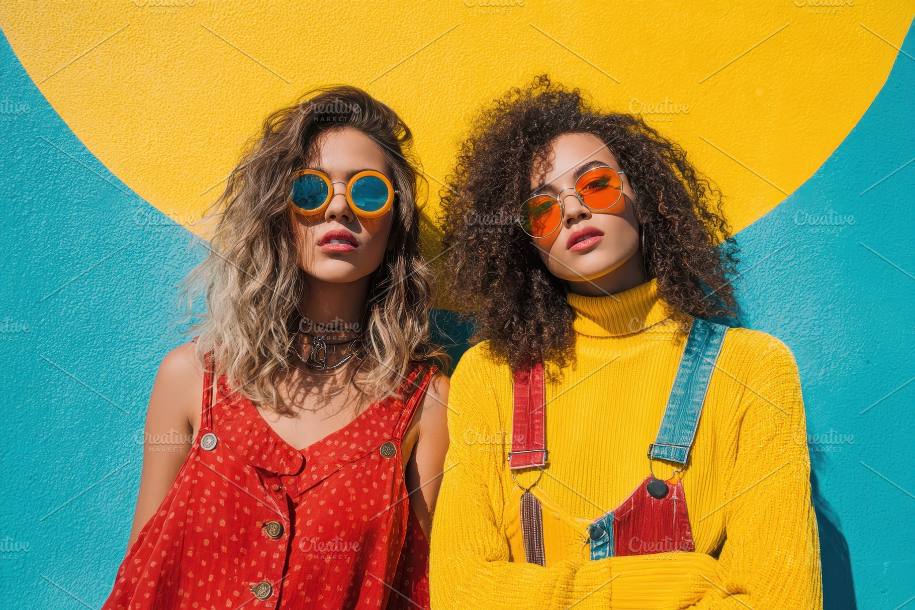 Two women stand in front of a bright, a Photo by Pavel_design