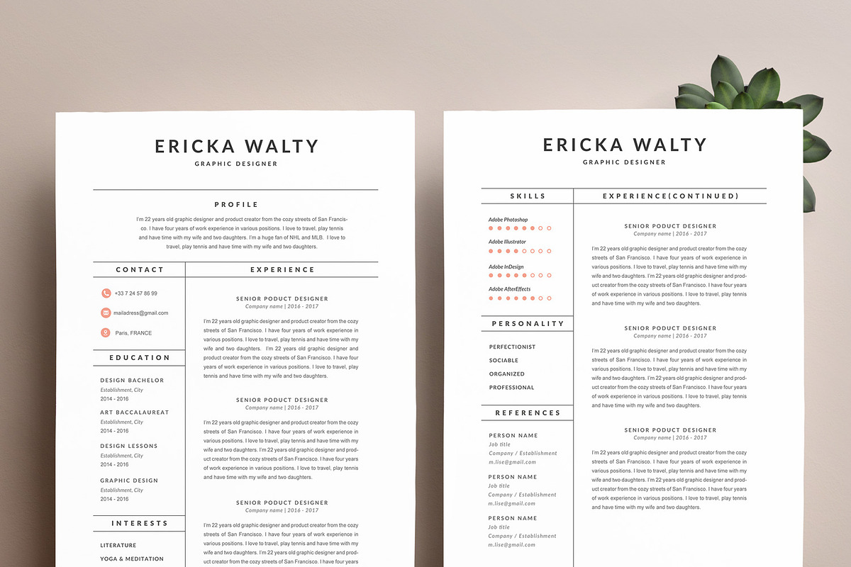 Modern Resume Template ERICKA A4, a Resume Template by Graace Studio (Photo 2 of 4)