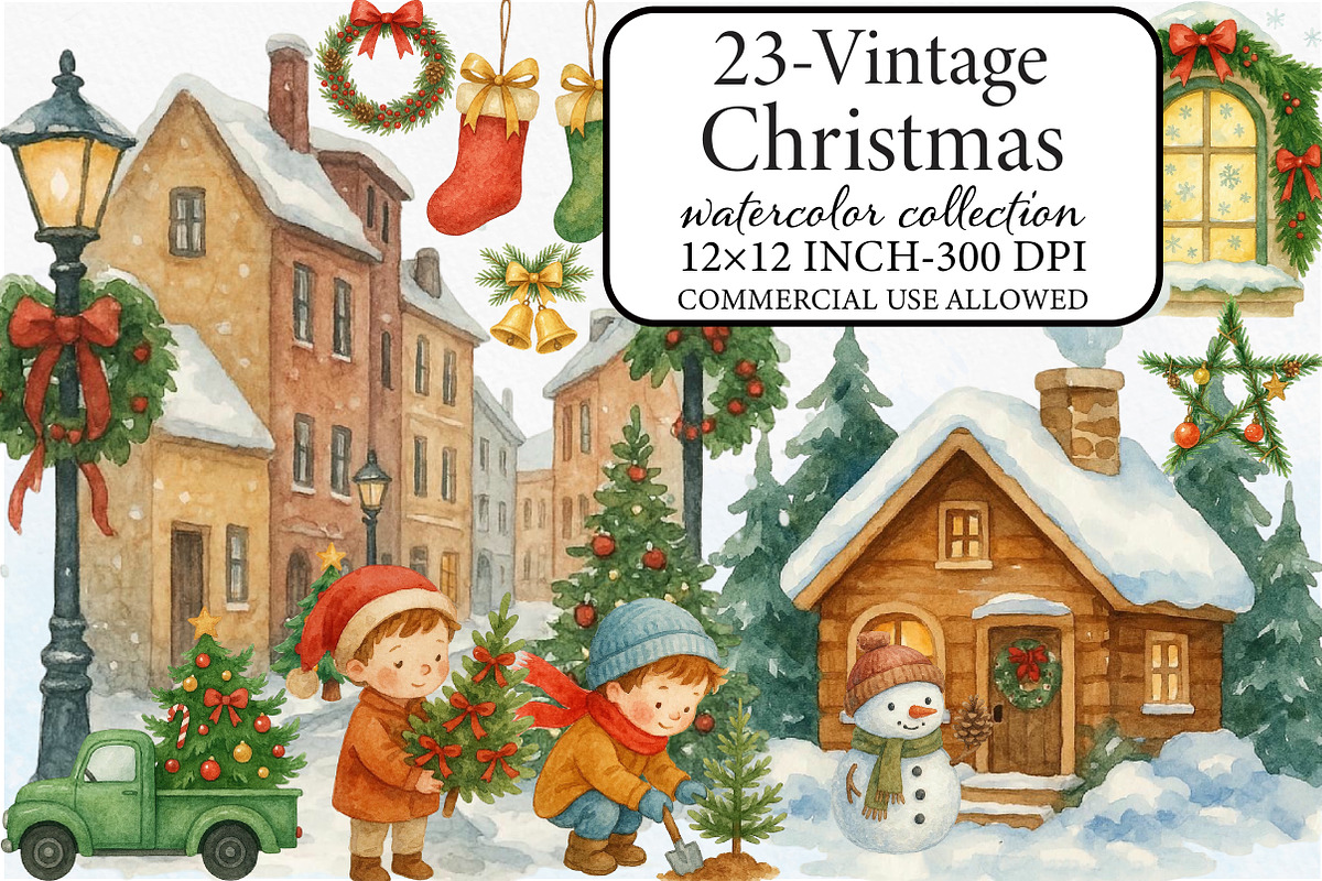 Vintage Christmas Clipart Bundle, an Illustration by Libby Wishes