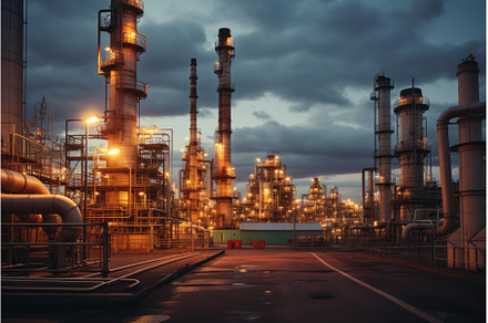 Twilight industrial scene at oil, an Industrial Photo by Ylivdesign