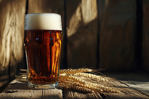 Glass of cold and fresh beer with wheat ears on wooden table, a Food & Drink Photo by AlyaAnd