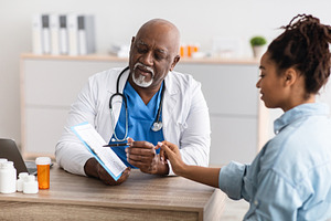 Mature black doctor explaining treatment plan to female patient, a Photo by Prostock-Studio