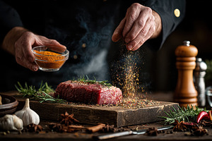 Chef seasoning raw beef steak with s, a Photo by Pixeness Studio