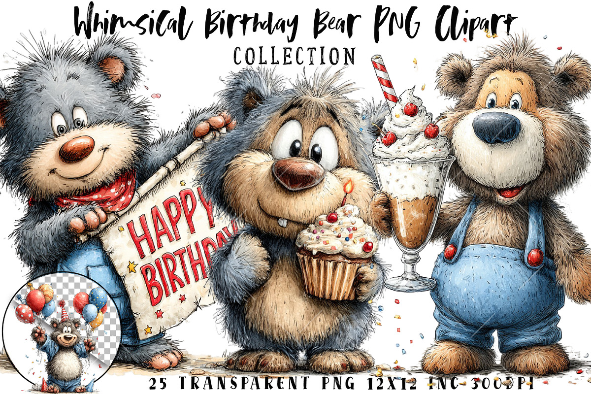 Whimsical Birthday Bear PNG Clipart, an Illustration by OK Design (Photo 1 of 6)