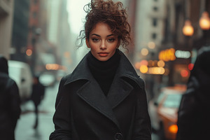 Woman with curly hair walking in a b, a Photo by Tanuart