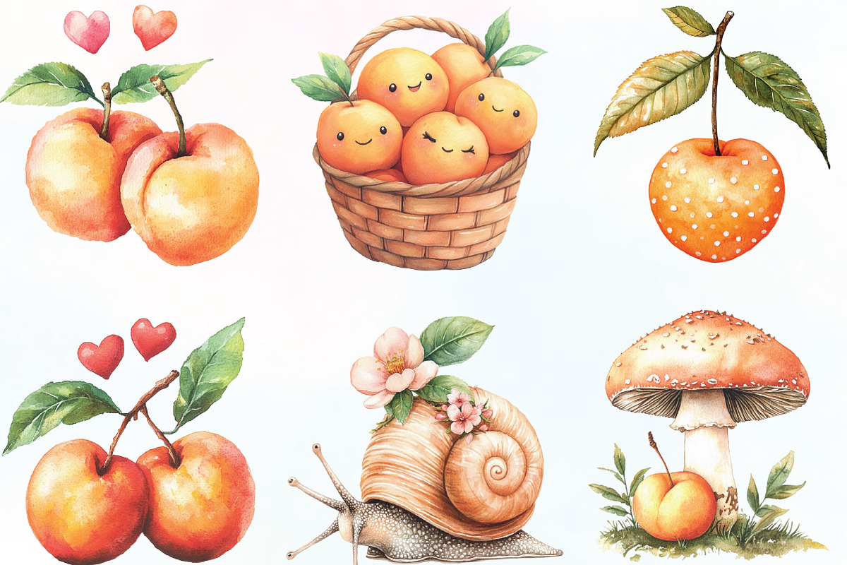 Watercolor Cute Peaches Garden Fruit, an Illustration by CraftArtStudio (Photo 2 of 6)