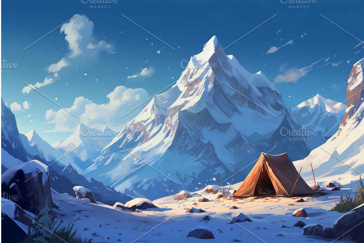 Frosty Snow camp tent mountains, an Illustration by Ylivdesign
