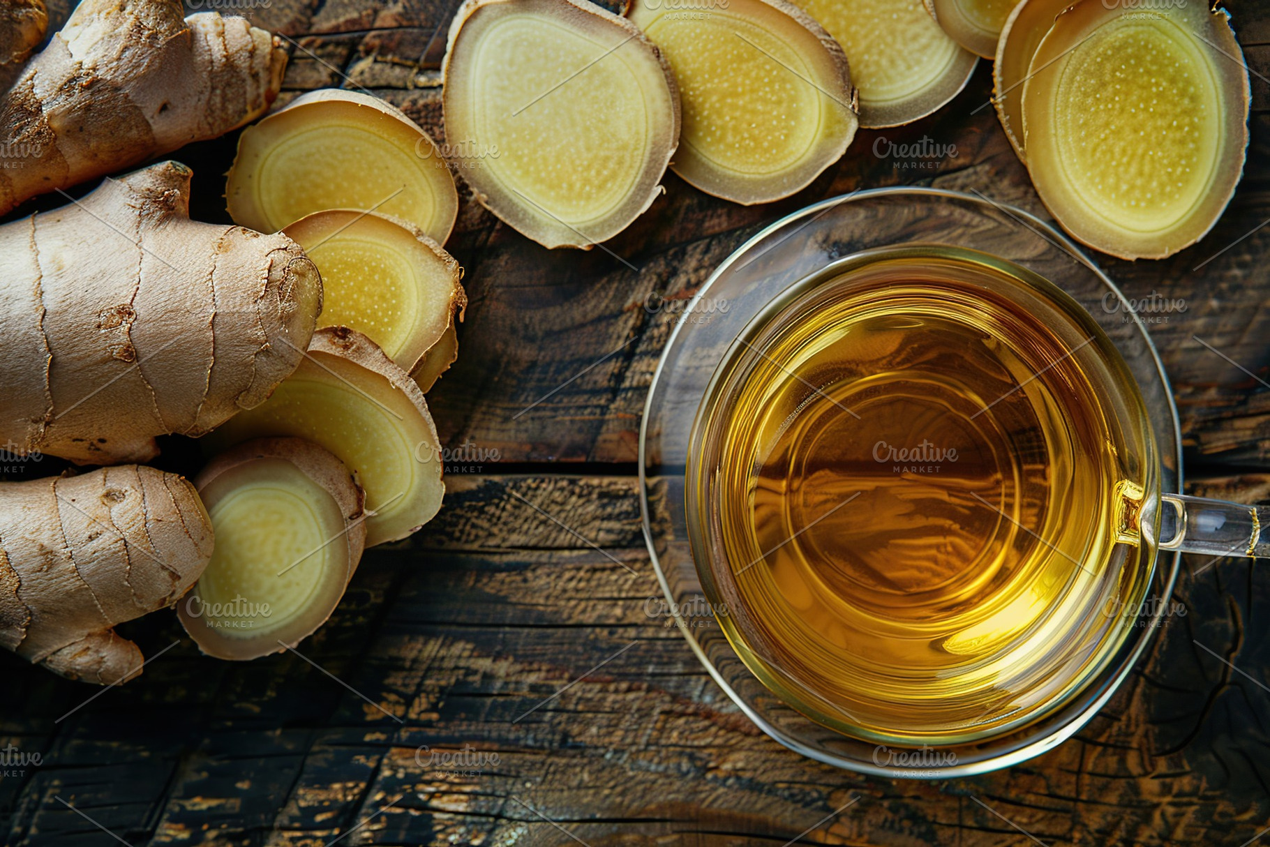Glass cup of ginger tea with sliced ginger root on wooden table, a Food & Drink Photo by AlyaAnd