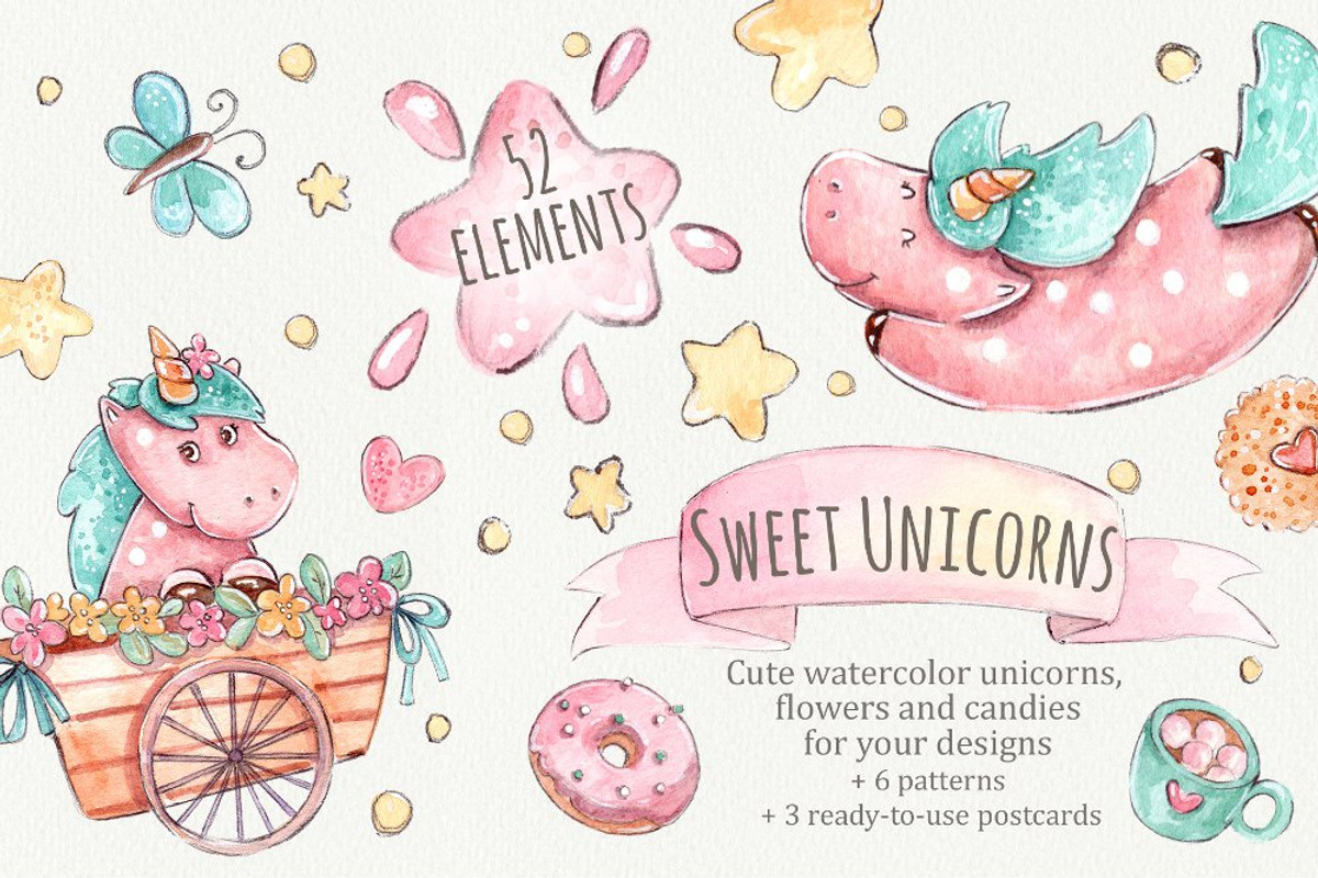 Sweet Unicorns set +6 patterns, a Decorative Illustration by Kristina Crocus (Photo 1 of 5)