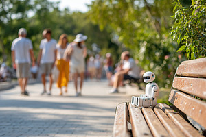 Humanoid figure sitting on a bench in a busy park during daylight hours, a Photo by AlyaAnd