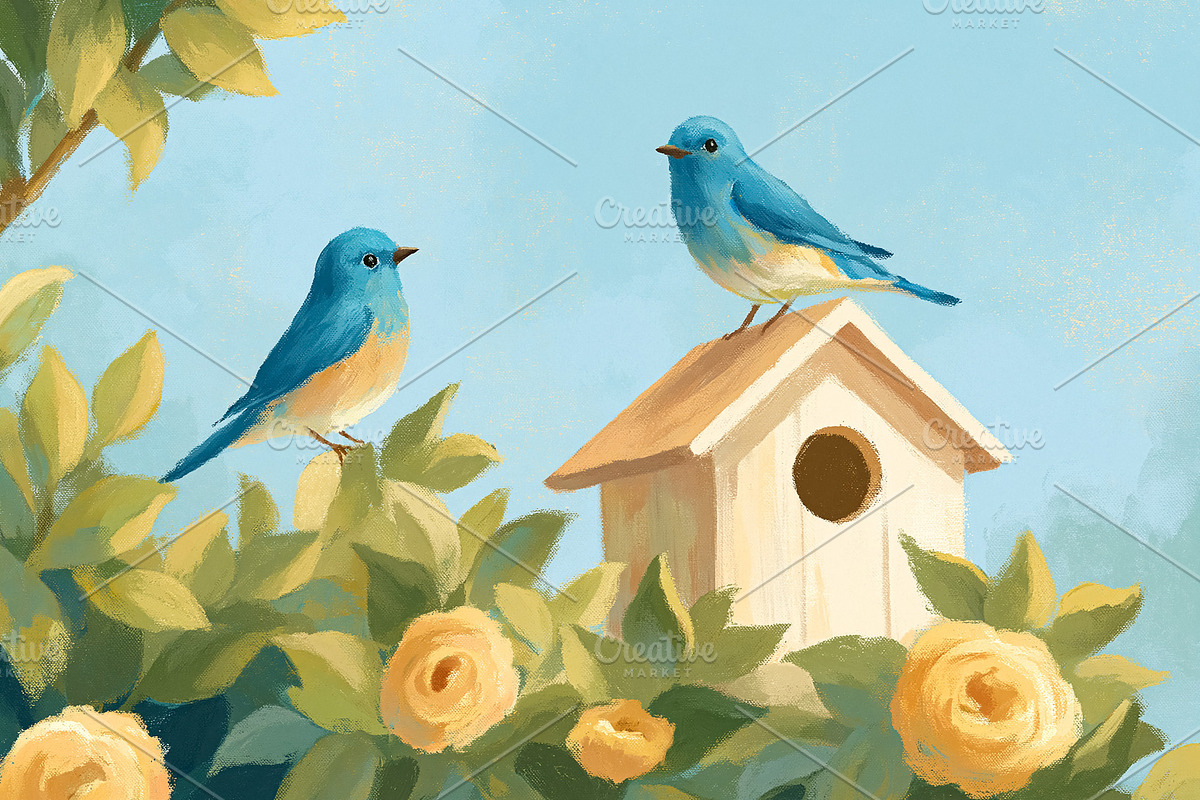 Bluebirds perch in a birdhouse amid yellow roses and green leave, a Decorative Illustration by Studio ANNA