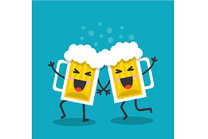 Cheerful and happy mugs with beer