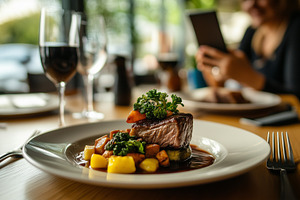 Gourmet dinner in elegant restaurant, a Food & Drink Photo by MistyDay