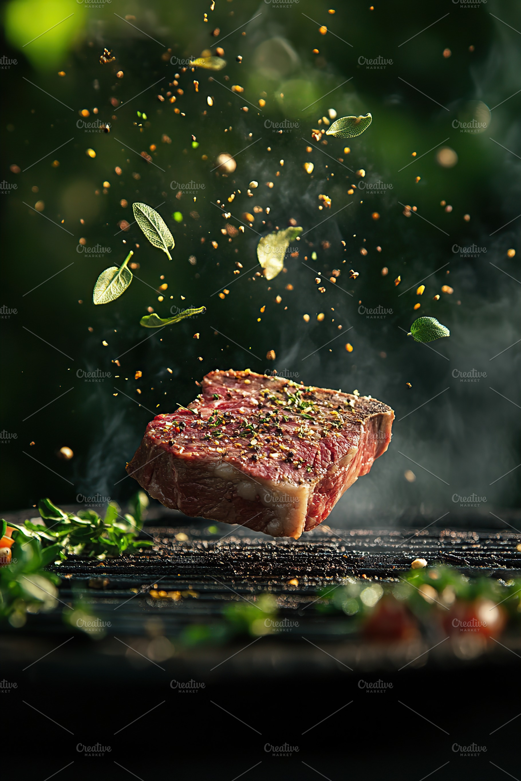 Fresh beef steak on the grill with falling herbs and spices, a Food & Drink Photo by AlyaAnd