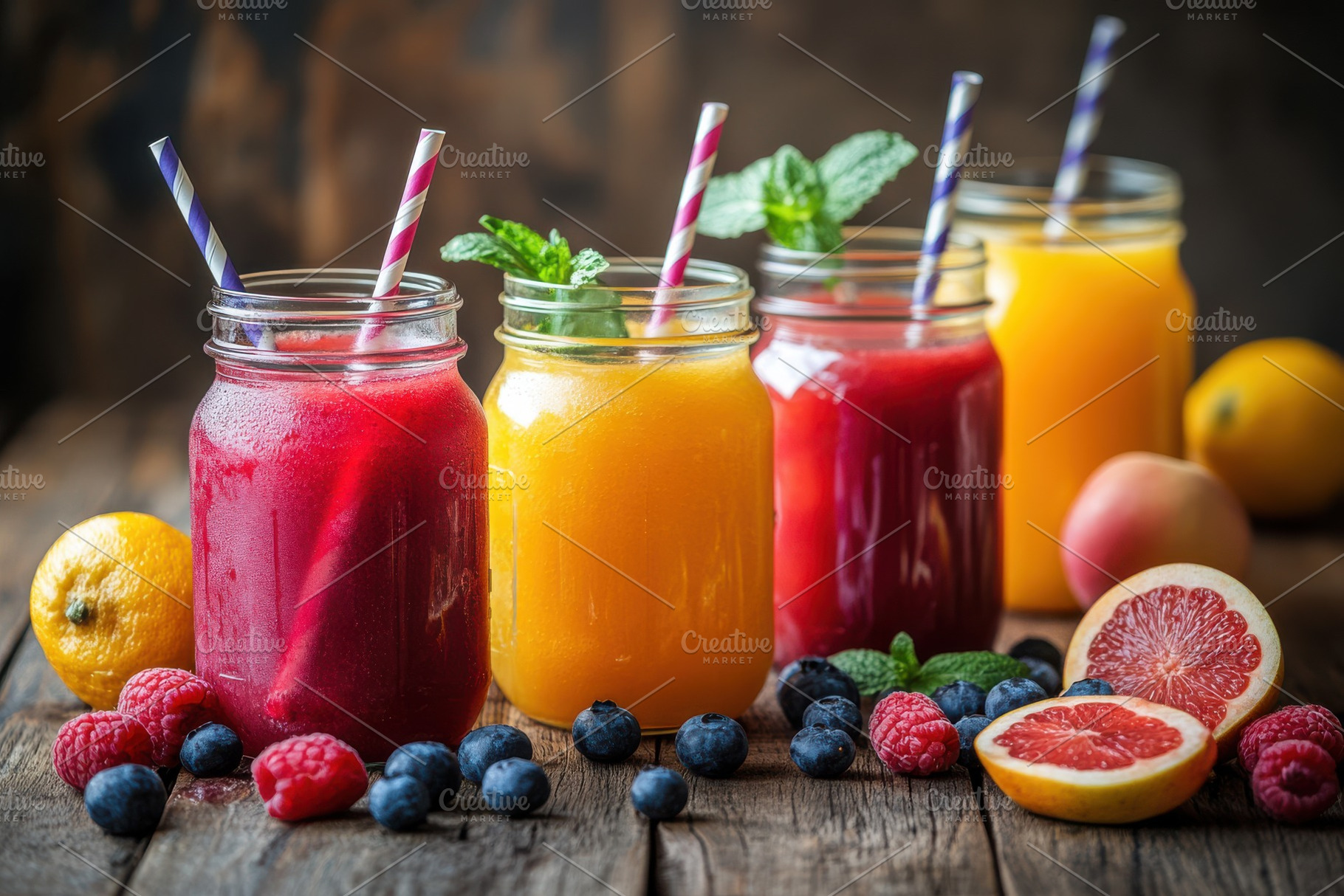 Colorful fruit smoothies in mason ja, a Food & Drink Photo by Pixeness Studio