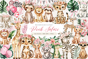 Pink Safari Watercolor Clipart, an Animal Illustration by ClipArtCharm (Thumbnail 1 of 6)