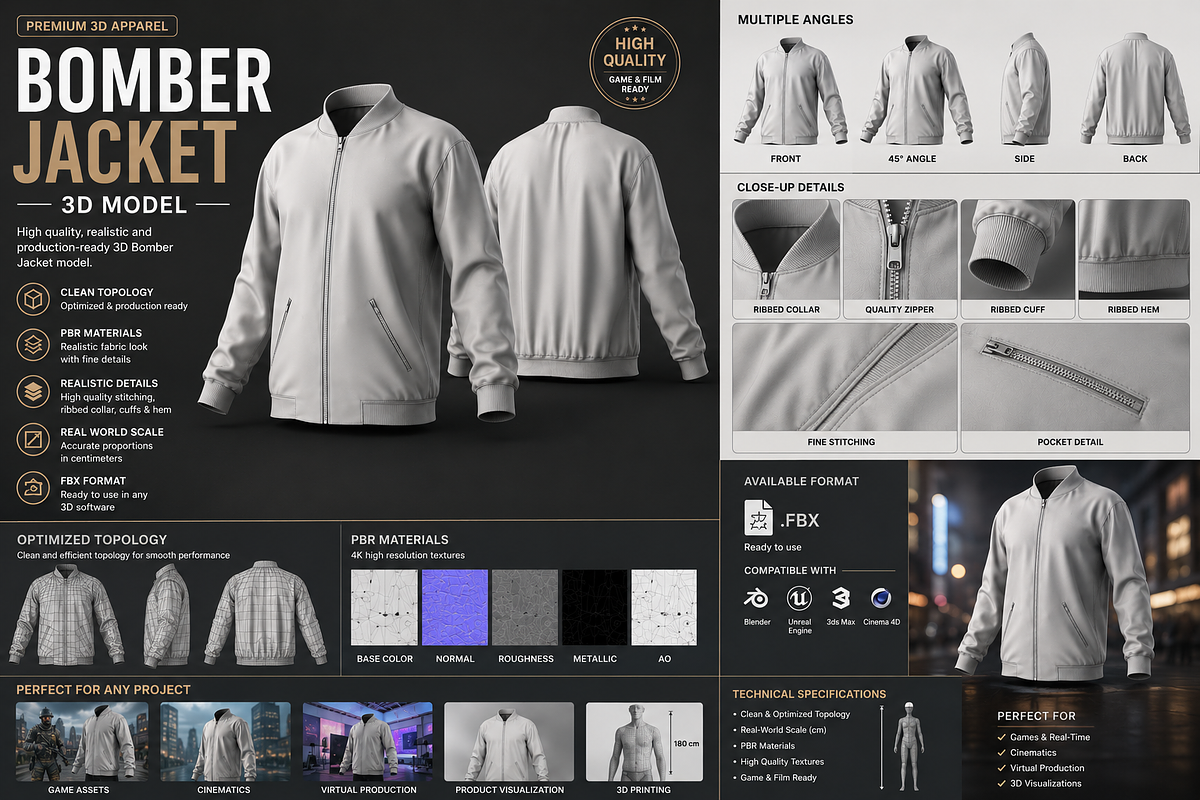 Premium Bomber Jacket 3D Model FBX, an Object 3D Model by Mockup Power (Photo 4 of 4)