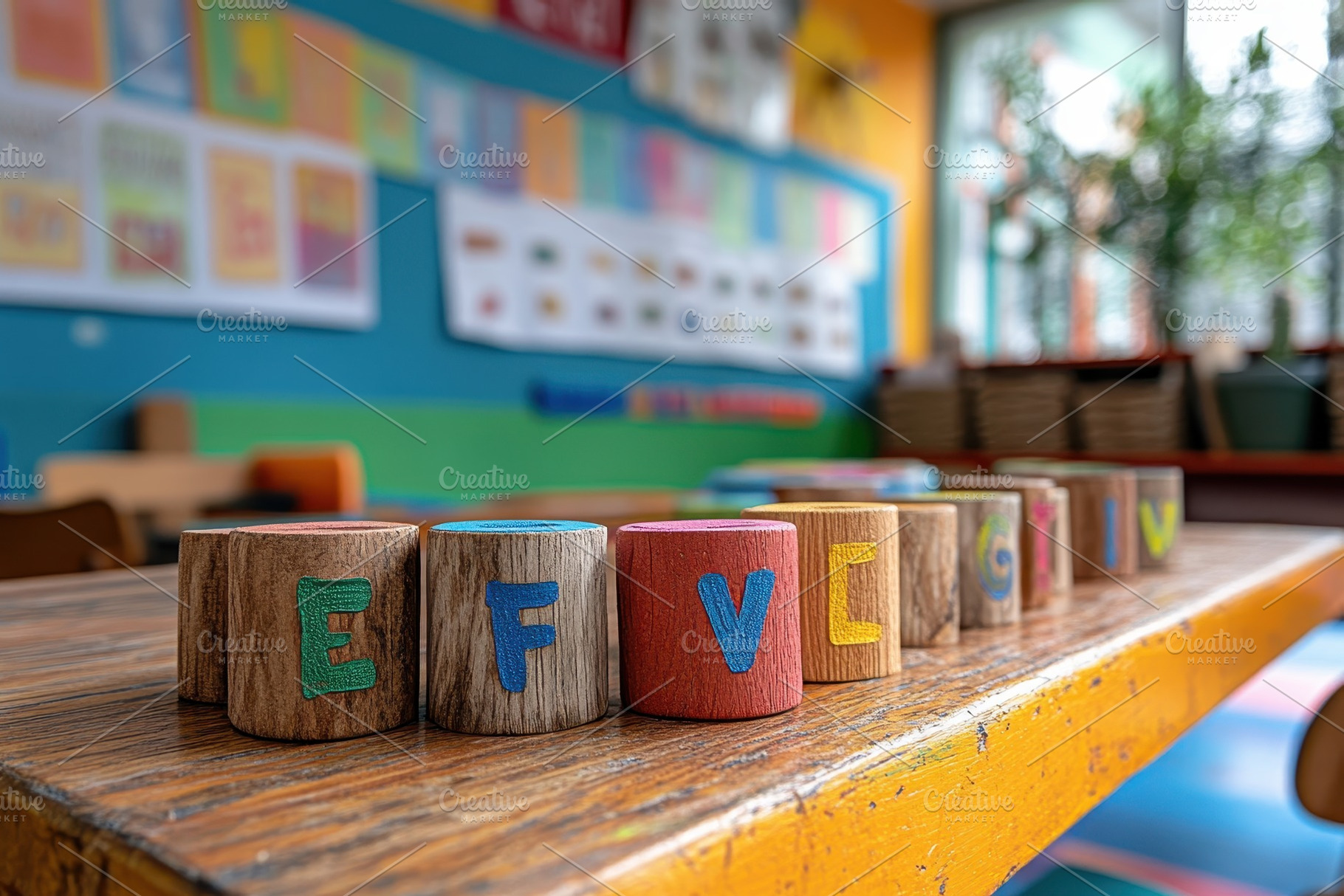 Colorful wooden blocks arranged in a, a Photo by Tanuart