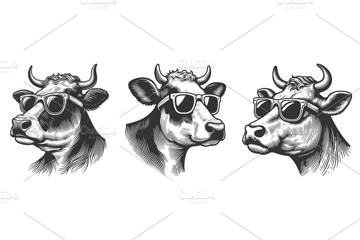 Cow in sunglasses engraving set, an Animal Illustration by AlexArt