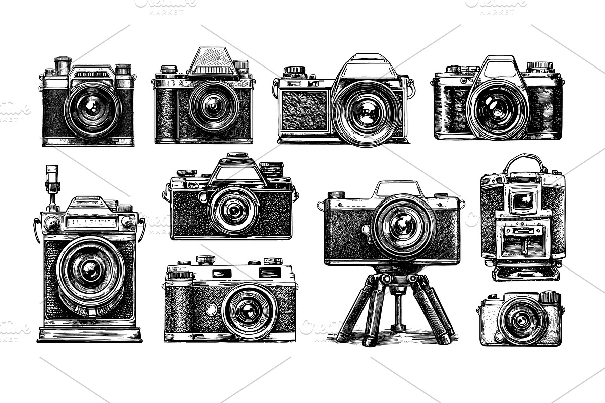 Retro photo cameras engraving vector, an Object Illustration by Valerie Bodnar