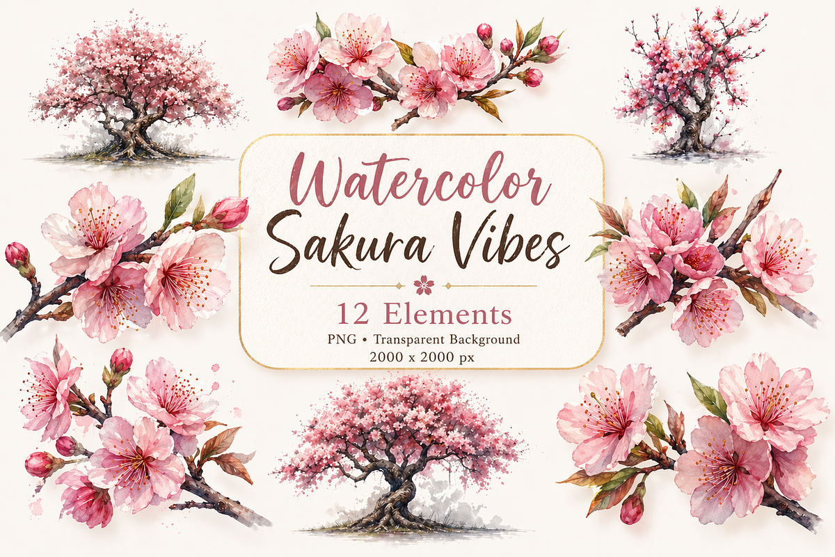 12 Watercolor Cherry Blossom Clipart, a Decorative Illustration by Jalina Clipart Studio (Photo 1 of 9)
