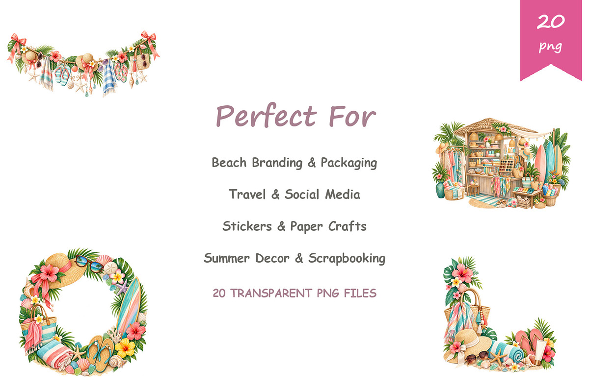 Watercolor Beach Accessories Clipart, a Decorative Illustration by BerryPieArt (Photo 4 of 4)
