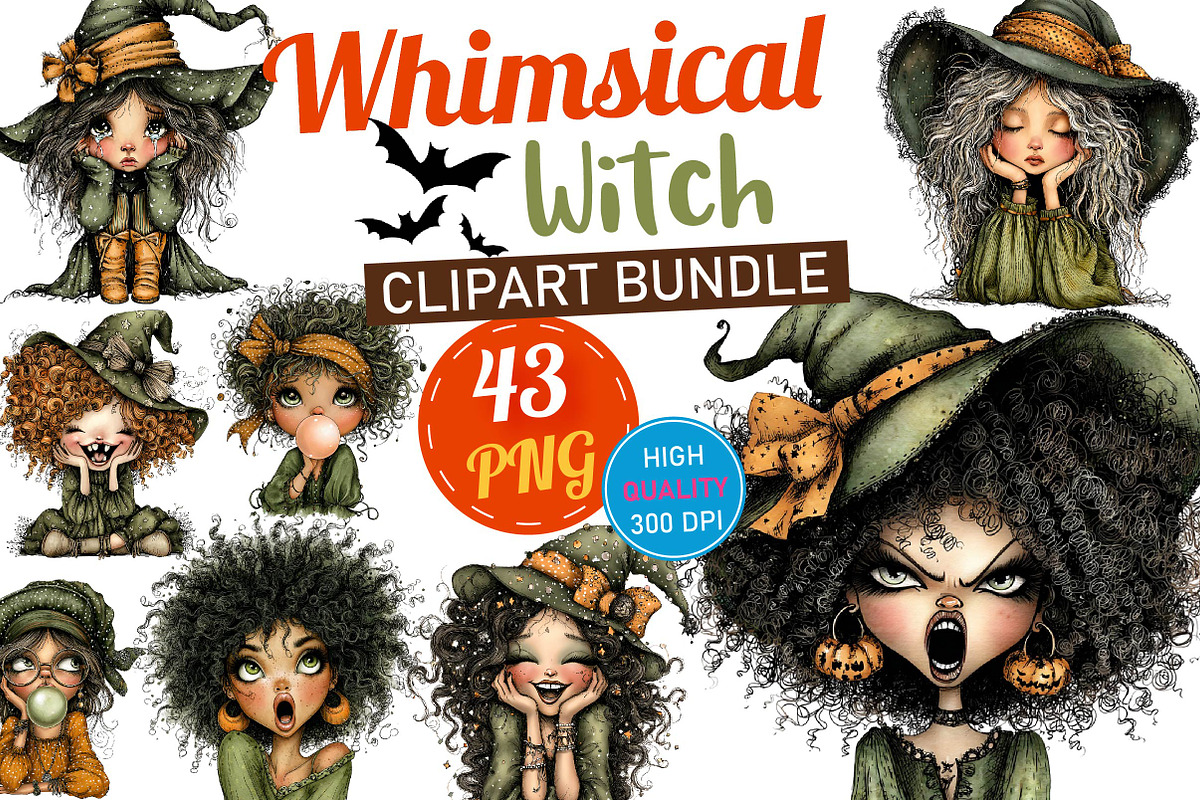 Whimsical Witch Clipart Bundle, a Seasonal Illustration by fashionaddict (Photo 1 of 7)