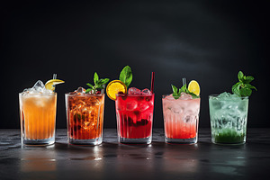 Different alcohol cocktails on grey background, a Food & Drink Photo by AlyaAnd