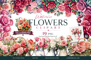 Watercolor Rose Clipart | Pink & Red