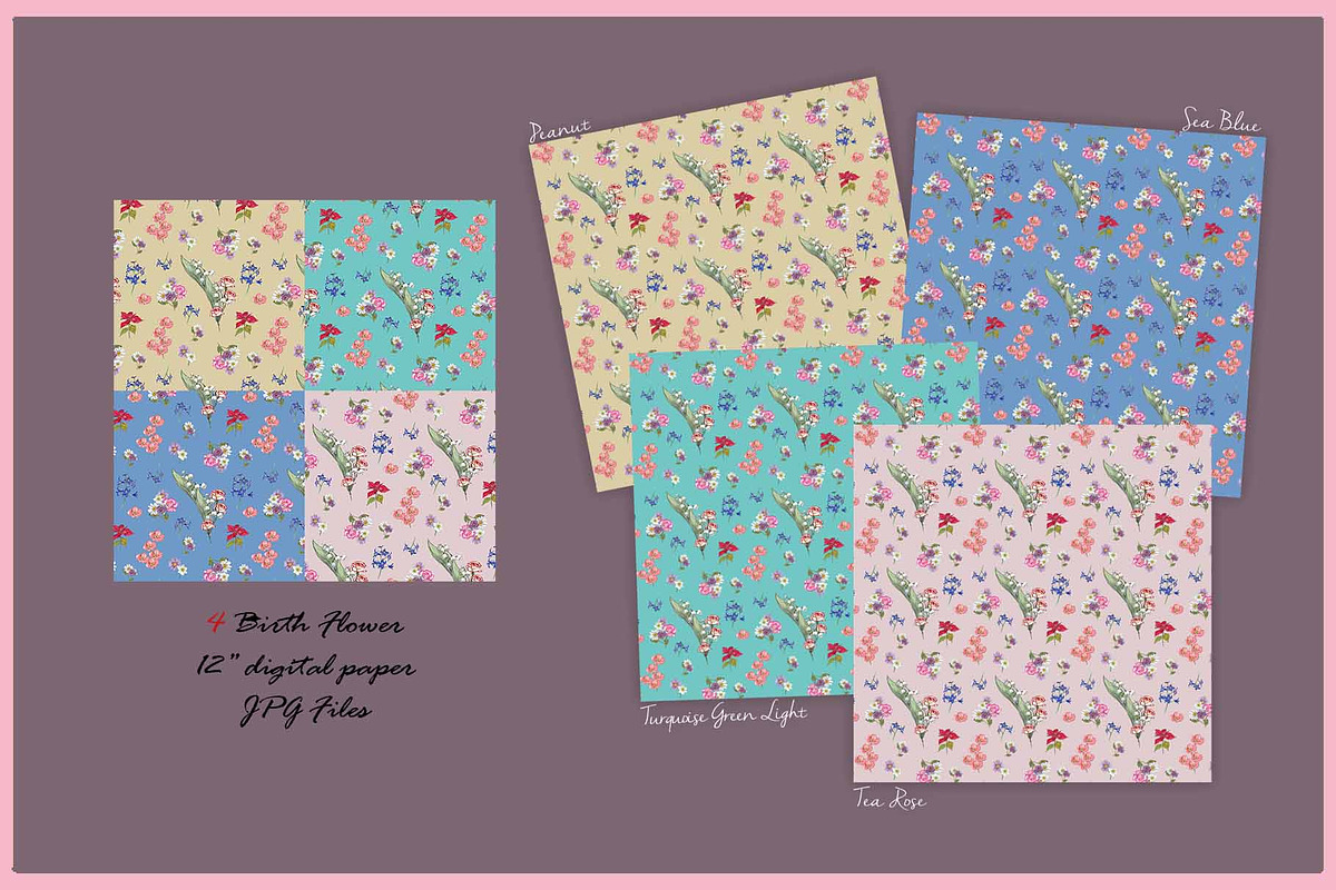 Birth Flower Clipart Digital Paper, a Decorative Illustration by VianneArt (Photo 4 of 9)